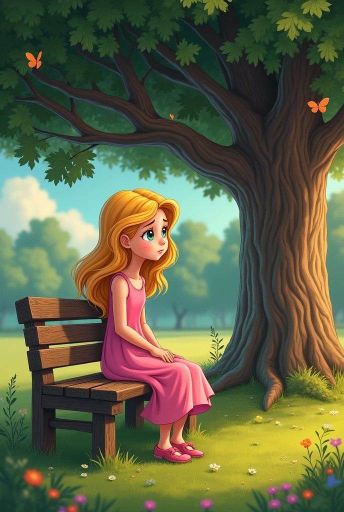 A picture of a girl in a pink dress crying on a bench under a tree(
girl). disney
cartoon type