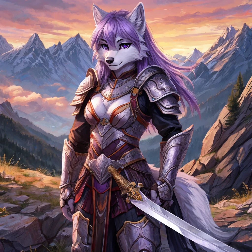 Feminine wolf, light purple hair, white fur, purples eyes, wearing armor, holding a sword, mountains on the background, realisitic