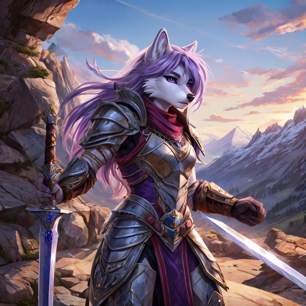 Feminine wolf, light purple hair, white fur, purples eyes, wearing armor, holding a sword, mountains on the background, realisitic