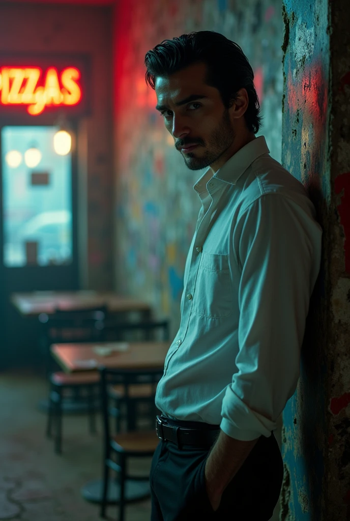 Handsome young man with black hair slicked back, wearing a white button-down shirt and serious black pants looking behind a wall inside a dark closed pizzeria on a street in a destroyed city