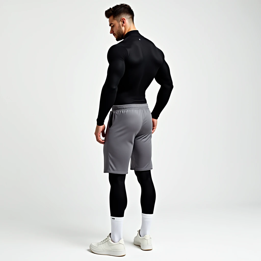 Best image quality, Ultra-high resolution, photograph,1 male,Muscular,Long legs,Are standing,Grey knee-length sweat shorts,Black long sleeve high neck compression shirt,Black long tights,White socks that come down to mid-calf,White sneakers,Turn your ass towards me