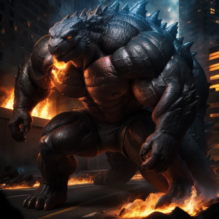 furry growth, hyper growth, hyper muscles, godzilla, shirtless, white shorts, muscular, in a city destroyed by flames, highly detailed, 8K, photorealistic, cinematic lighting, dynamic composition, vivid colors, dramatic shadows, realistic textures, epic scale, awe-inspiring
