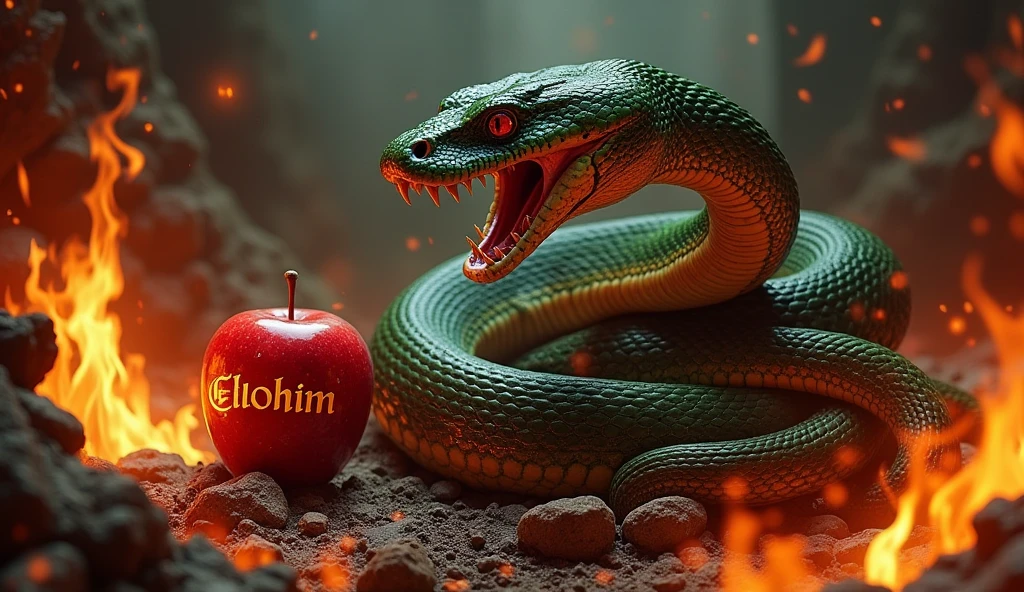 a large python snake with its mouth open wanting to attack looking forward, The snake's tail is wrapping around an apple, in the midst of an intense darkness of hell surrounded by a lot of fire, The apple has letters written on it that say Elohim, The python snake staring menacingly in motion