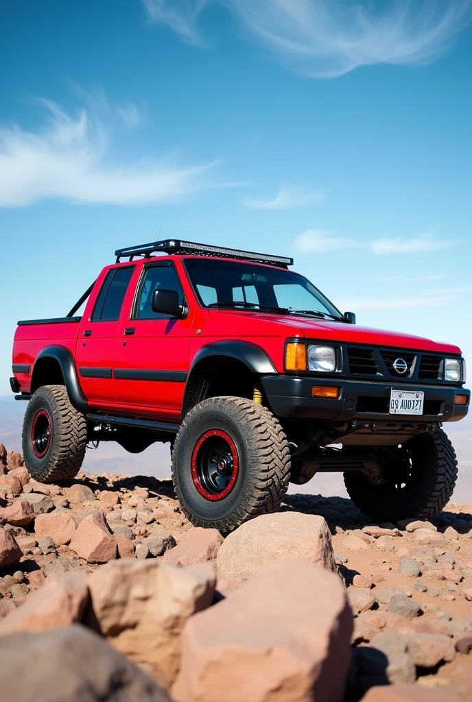 1995 Nissan Terrano 4x4 tuned with scarlet red paint and black accessories, with black rims with red rings, tough truck, make the whole truck look good