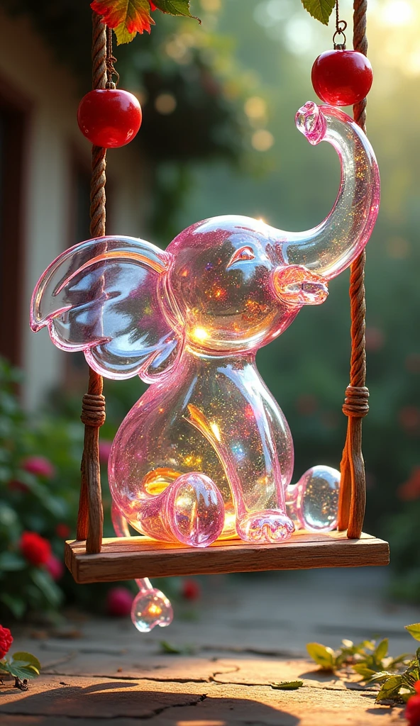  images of  beautiful obstract glass elephant in large size eating apples  into mouth ,sitting on swing outside of house in relaxing mood

