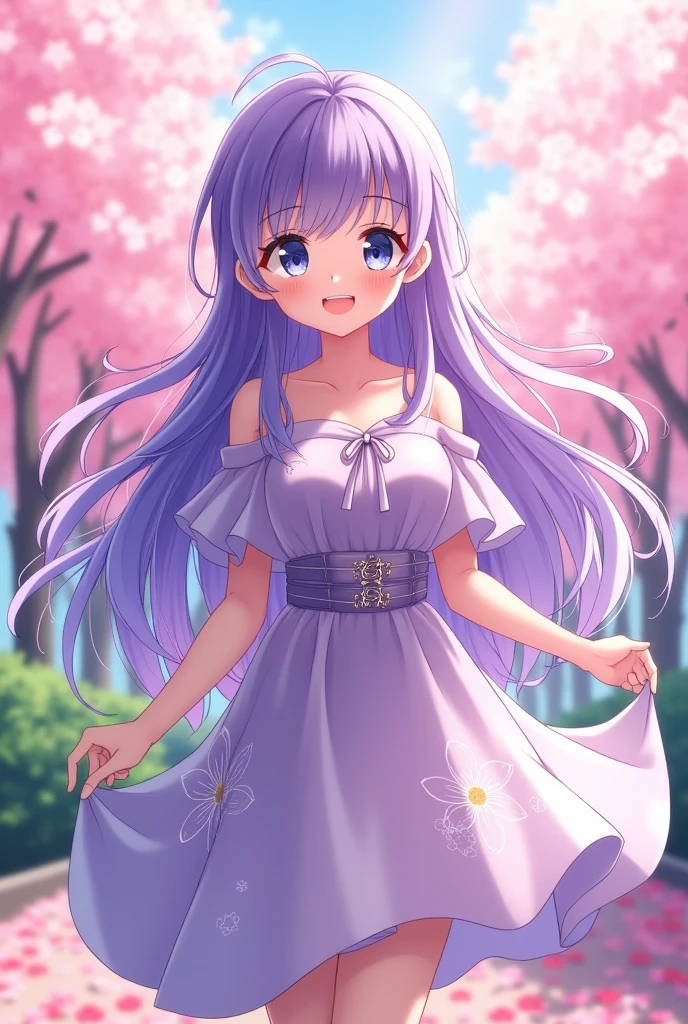 Girl with long wavy violet hair, his eyes are blue, He wears elegant but modest clothes, He is happy. anime style.