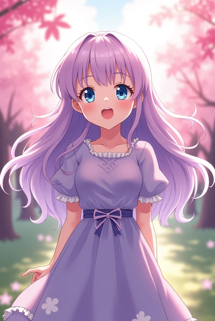 Girl with long wavy violet hair, his eyes are blue, He wears elegant but modest clothes, He is happy. anime style.