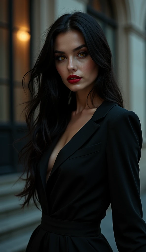 dark lady! beautiful woman in black clothes! {{big boobies}}yellow eyes, Bblack hair, red lipgloss stick!