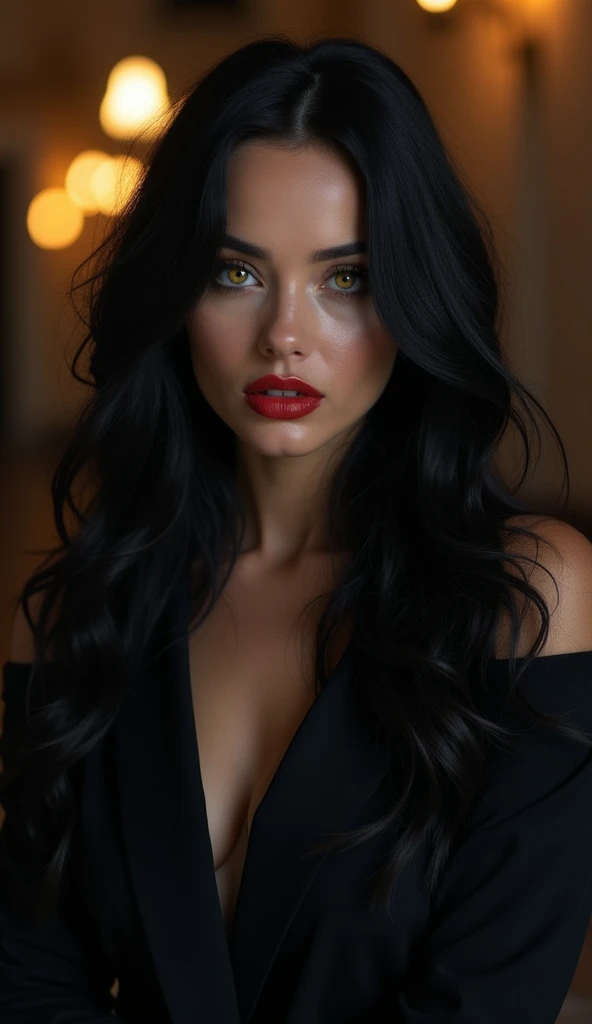 dark lady! beautiful woman in black clothes! {{big boobies}}yellow eyes, Bblack hair, red lipgloss stick!