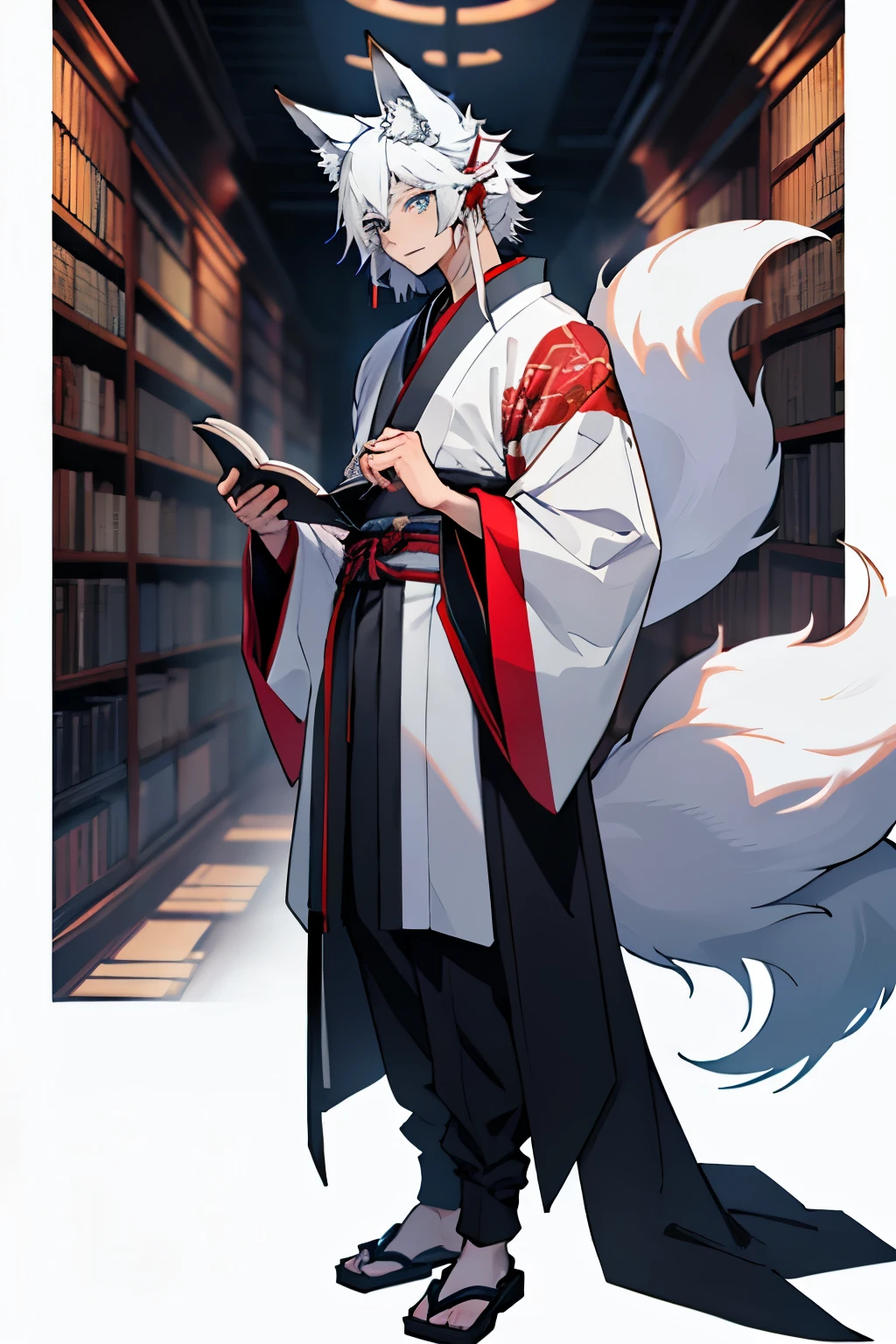 Kitsune in human male form(basically just the fluffy fox ears and 3 long fluffy tails). Steel blue eyes long white hair(past the shoulders) with red accents.
Wear a Kimono(color how you feel it would be right). The background is a dark library. The character has an open book in his hands. in 2D art full body