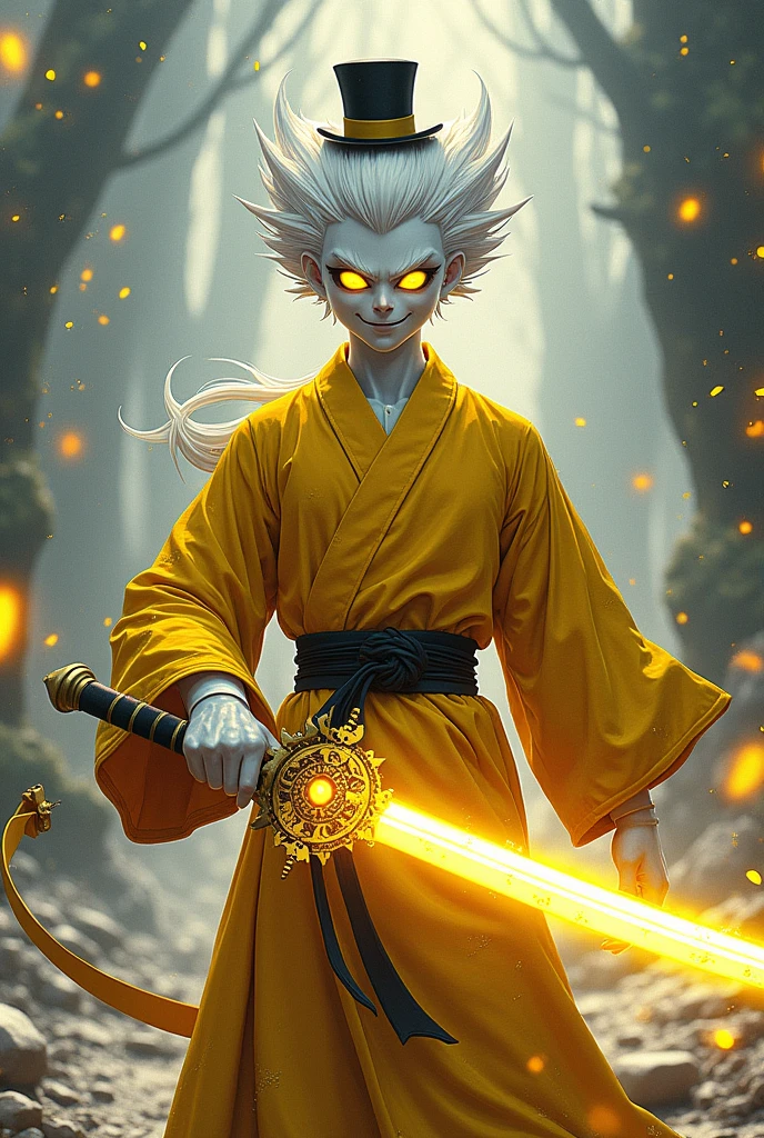 (Best quality ever) A humanoid male character, he is muscular and wears bright yellowish and worn color Japanese fighting training clothes, he wears brown warrior boots, his skin is snow white, he has bright yellow eyes with the illuminati symbol in each eye, he has a scary smile in a sadistic way, he is holding a sword made of bright yellow energy that has illuminati symbols, He has big white hair pointed upwards and wears a mini top hat., manga art style, rpg art style