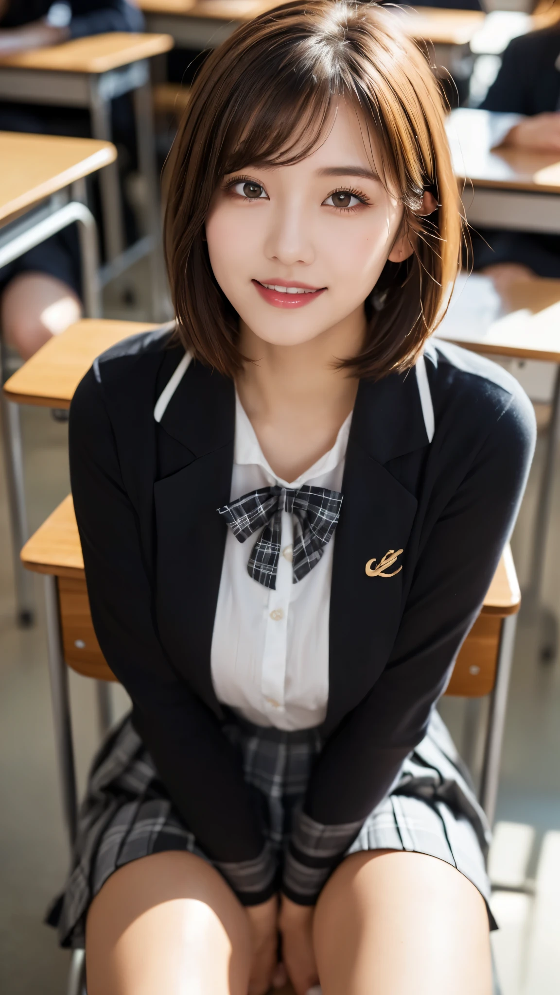 A close up of a woman sitting in a classroom with a desk - SeaArt AI
