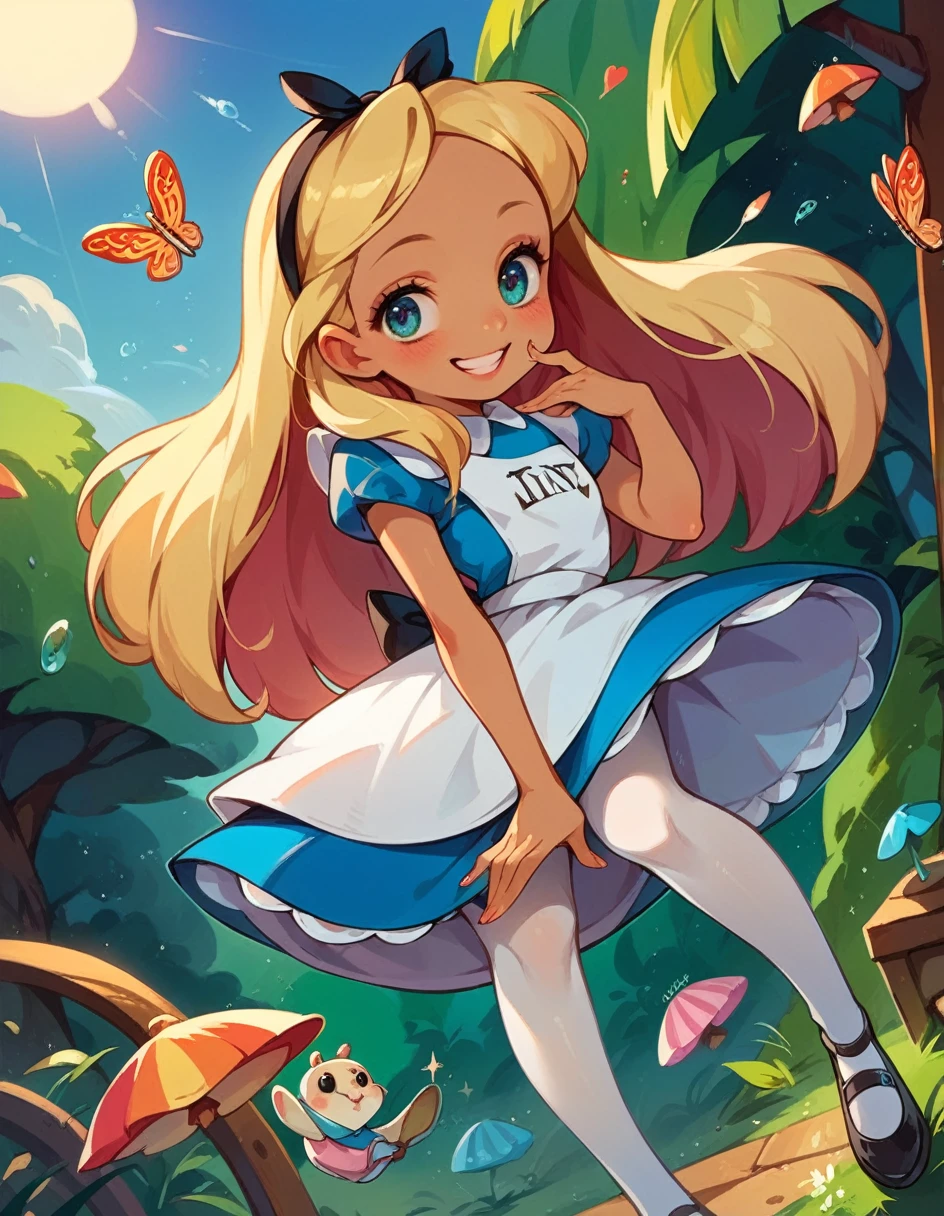 Alice, very tiny minidress, tan shiny pantyhose, shoes, smiling, seductive pose, sun shiny day