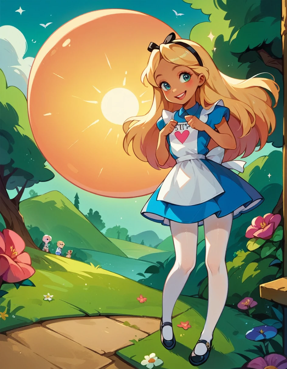 Alice, very tiny minidress, tan shiny pantyhose, shoes, smiling, seductive pose, sun shiny day