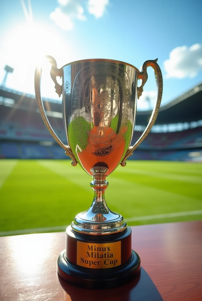 Realistic image of a soccer trophy with the text Minus Militia Super Cup, as decoration