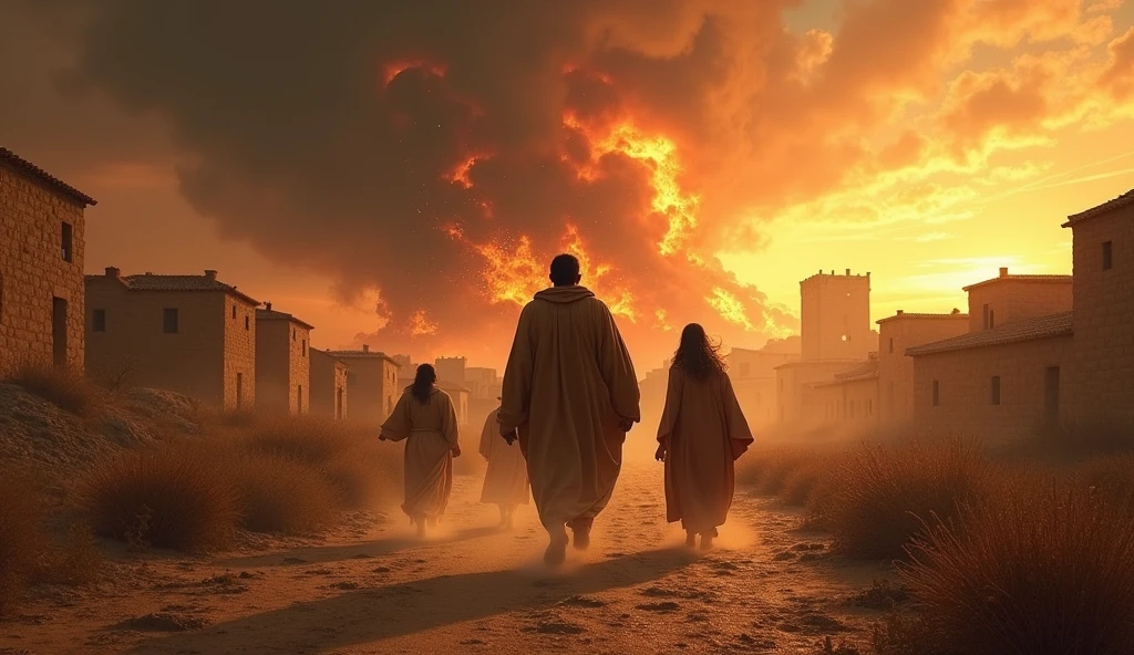 Create a realistic and dramatic scene illustrating Lot's escape, his daughters and his wife with their backs turned, towards a desolate landscape, as the city of Gomorrah is being destroyed in the background. Lot and his daughters must be depicted in motion, expressing urgency and fear, while his wife is represented as a pillar of salt, looking back with an expression of despair and regret.
The city of Gomorrah should be shown with stone houses and clay roofs, reflecting ancient architecture, No modern buildings. Ao fundo, the sky should be filled with dark, menacing clouds, illuminated occasionally by flames and sulfur falling from the sky, Creating an apocalyptic environment. The details of the scene should convey the intensity of the moment, with the light of the flames contrasting with the darkness of the clouds, while the desperation of the escape and the impending destruction intertwine in a powerful visual composition.