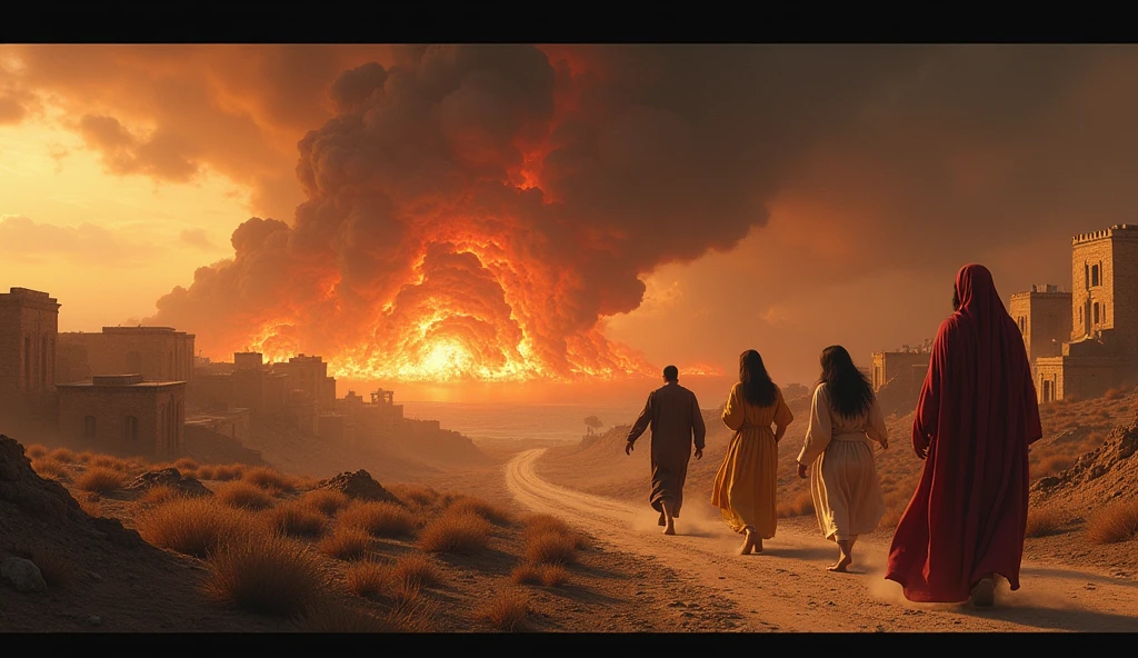 Create a realistic and dramatic scene illustrating Lot's escape, his daughters and his wife with their backs turned, towards a desolate landscape, as the city of Gomorrah is being destroyed in the background. Lot and his daughters must be depicted in motion, expressing urgency and fear, while his wife is represented as a pillar of salt, looking back with an expression of despair and regret.
The city of Gomorrah should be shown with stone houses and clay roofs, reflecting ancient architecture, No modern buildings. Ao fundo, the sky should be filled with dark, menacing clouds, illuminated occasionally by flames and sulfur falling from the sky, Creating an apocalyptic environment. The details of the scene should convey the intensity of the moment, with the light of the flames contrasting with the darkness of the clouds, while the desperation of the escape and the impending destruction intertwine in a powerful visual composition.