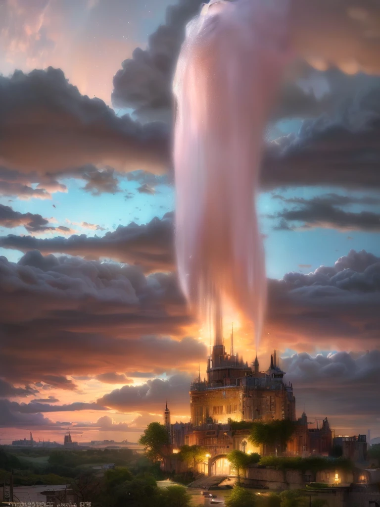 (8k, highest quality, masterpiece, final fantasy style: 1.2), (unRealistic, photoRealistic: 1.37), Dreamy landscape, Fantasy, Unsurreal landscapes, Super detailed, Flying Castle, Floating Island in the Sky, Seven-colored swirl of light, Intense lightning, milky way, Complex Light, Colored light, Large Lake, Starry sky reflected on the lake surface, Countless shining stars, Meteors,  Reflections , (A pillar of light emanated from the ground:1,2), (((roses and orchids gardens , bright day , pink clouds, waterfalls in the sky, realistic style, Hyperrealism drawing, a flying pirate spaceship floating above the  clouds)))) , burning skyscrapers, , timeless realms, stunning  princess  ,  casting spell, healing light magic effect, in a magical lagoon of the fairyland, crystal clear water surface reflections, sharp focus, looking at viewer, (close-up:0.9), (bright white theme:1.2), (bright white tone:1.2), (deep blue tone:1.3),((( realistic, Hyperrealism, vivid colours , landscapes , alien cyborgs , science fiction themes))), 