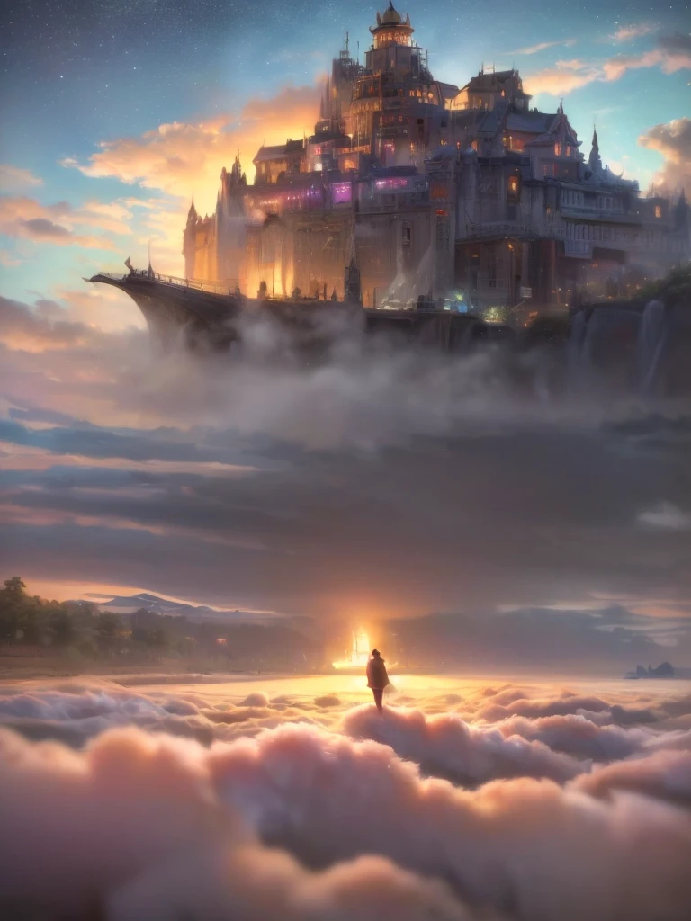 (8k, highest quality, masterpiece, final fantasy style: 1.2), (unRealistic, photoRealistic: 1.37), Dreamy landscape, Fantasy, Unsurreal landscapes, Super detailed, Flying Castle, Floating Island in the Sky, Seven-colored swirl of light, Intense lightning, milky way, Complex Light, Colored light, Large Lake, Starry sky reflected on the lake surface, Countless shining stars, Meteors,  Reflections , (A pillar of light emanated from the ground:1,2), (((roses and orchids gardens , bright day , pink clouds, waterfalls in the sky, realistic style, Hyperrealism drawing, a flying pirate spaceship floating above the  clouds)))) , burning skyscrapers, , timeless realms, stunning  princess  ,  casting spell, healing light magic effect, in a magical lagoon of the fairyland, crystal clear water surface reflections, sharp focus, looking at viewer, (close-up:0.9), (bright white theme:1.2), (bright white tone:1.2), (deep blue tone:1.3),((( realistic, Hyperrealism, vivid colours , landscapes , alien cyborgs , science fiction themes))), 