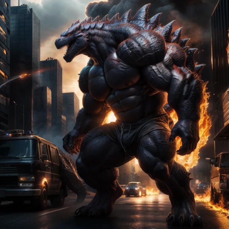 furry growth, hyper growth, hyper muscles, godzilla, shirtless, white shorts, muscular, in a city destroyed by flames, highly detailed, 8K, photorealistic, cinematic lighting, dynamic composition, vivid colors, dramatic shadows, realistic textures, epic scale, awe-inspiring
