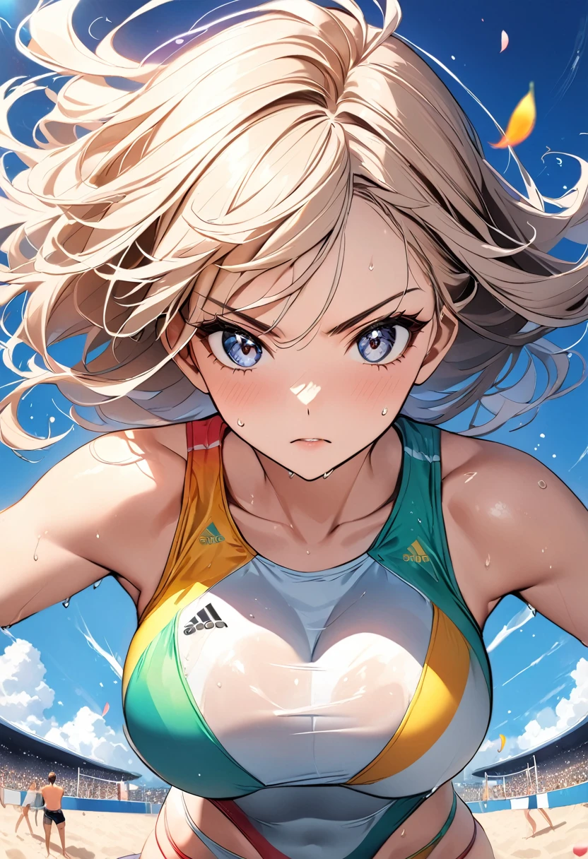(Sports magazine cover photo), Highest quality, Great quality, 16K, Unbelievably absurd, Very detailed, delicate and dynamic, Natural light, The particles reflect light, Diffuse reflection of light, Many rainbow-colored petals fall, Beautiful sandy beach, Sparkling Sun, Diffuse reflection of light, Create amazing image effects, , Wet, sweating, Beach Volleyball, receive, Close-up(Cute sexy girl, big bouncing busts, Sensual expression, Cool girl, Serious, passion, Dynamic, Flashy swimsuit, ,audience , much-air-laden cheer)