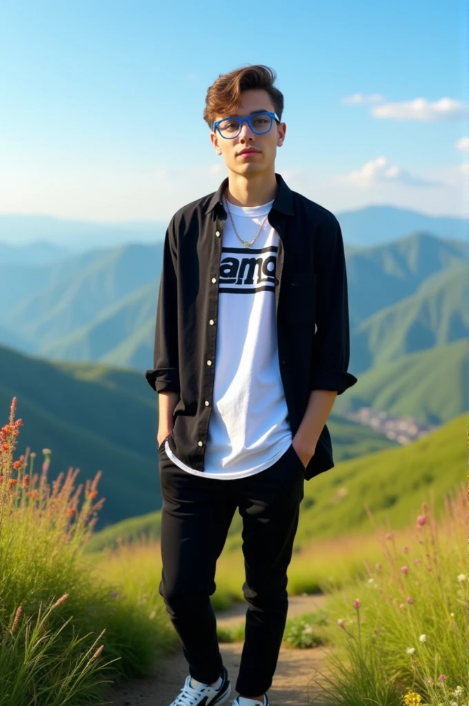 A 20-year-old young man is standing, wearing a black shirt with a white t-shirt underneath that has 'Rana' written on it. He has black pants on, white and black shoes, blue glasses, and a nice view behind him.