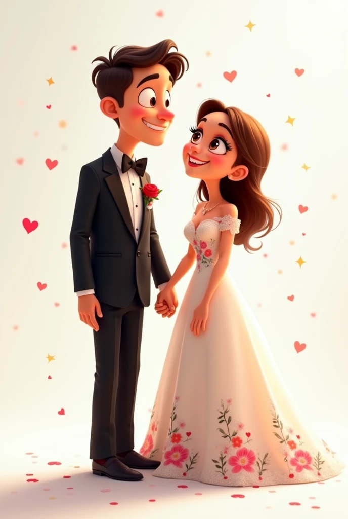 groom and bride at their wedding pixar style white background
