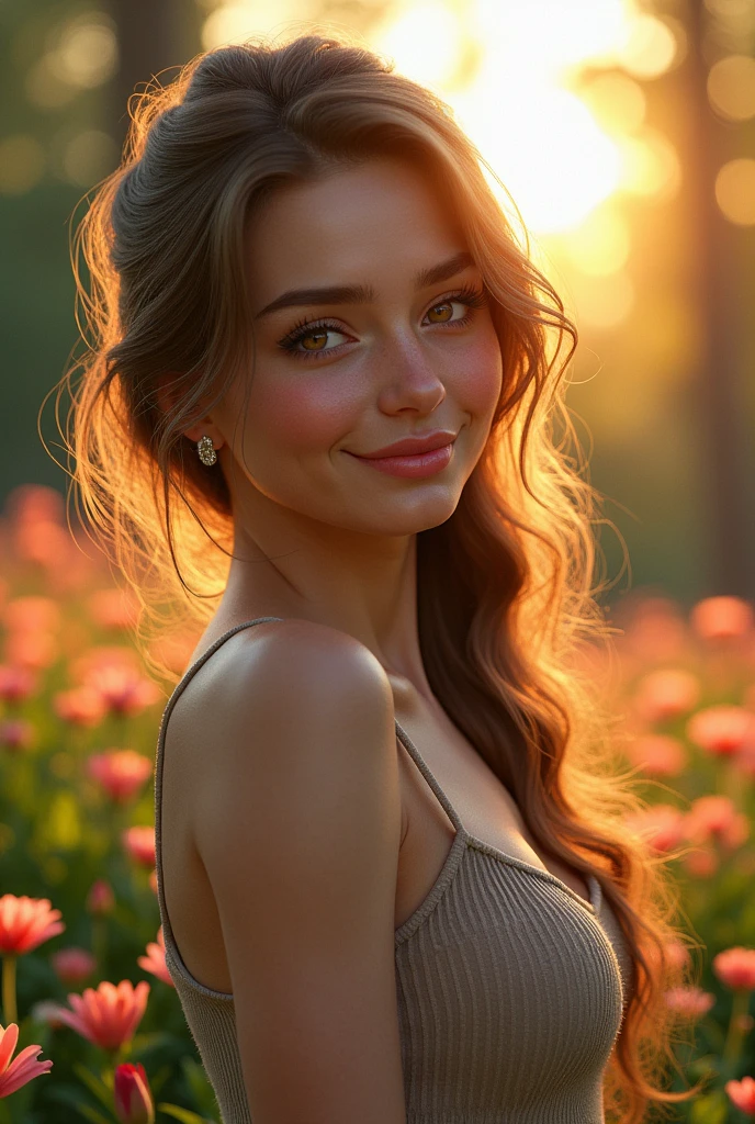 a young woman with a warm and friendly expression, detailed face, beautiful eyes, long eyelashes, cute nose, perfect lips, wearing a casual outfit, standing in a garden with flowers and trees, golden hour lighting, vibrant colors, 8K, high quality, digital art, photorealistic, masterpiece