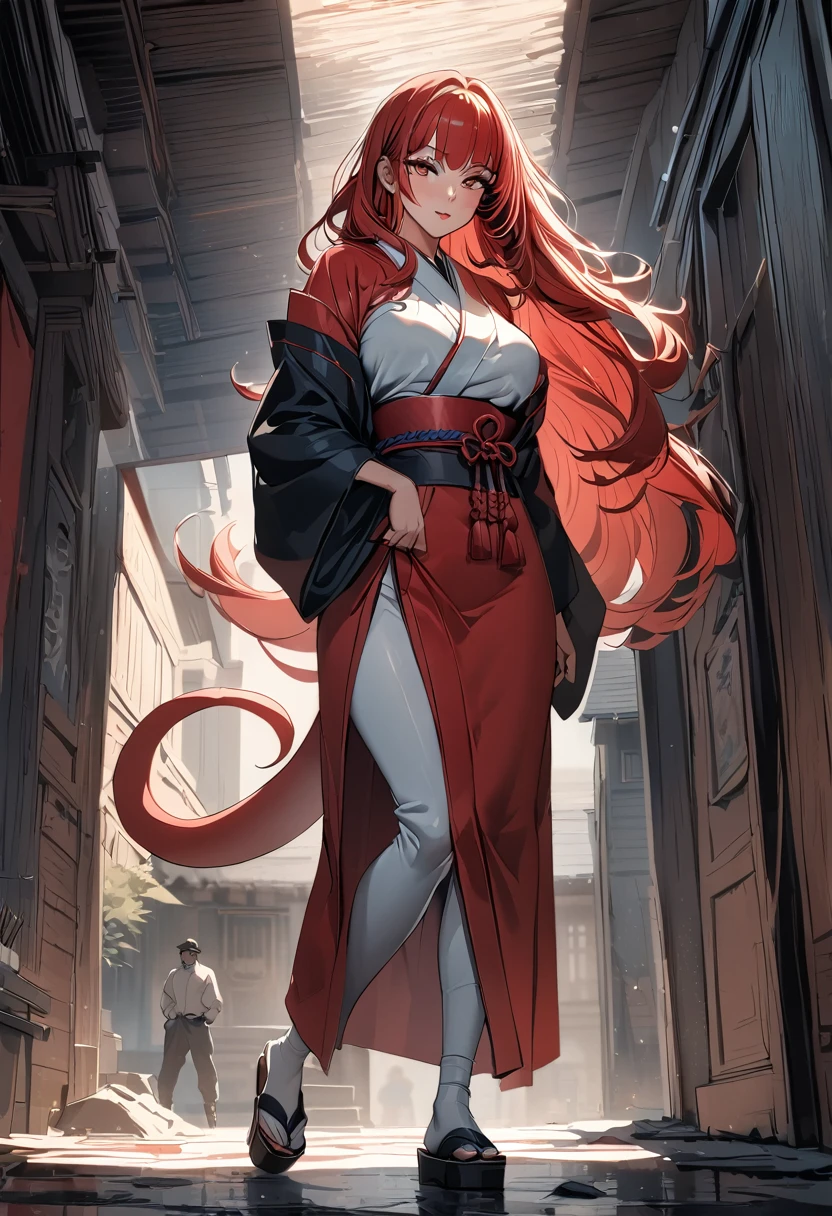 a mature woman, long hair, white and red hair, japanese clothing, ghost tail, full body shot, standing, woman enemy behind her, intention to kill, enemy in air, tail holding enemy up, bloody, tail going through the enemies chest, 2 characters, detailed anime style, (best quality,4k,8k,highres,masterpiece:1.2),ultra-detailed,dynamic composition,beautiful detailed eyes,beautiful detailed lips,extremely detailed eyes and face,long eyelashes,dark and gritty atmosphere,cinematic lighting,highly saturated colors,dramatic shadows, shot straight
