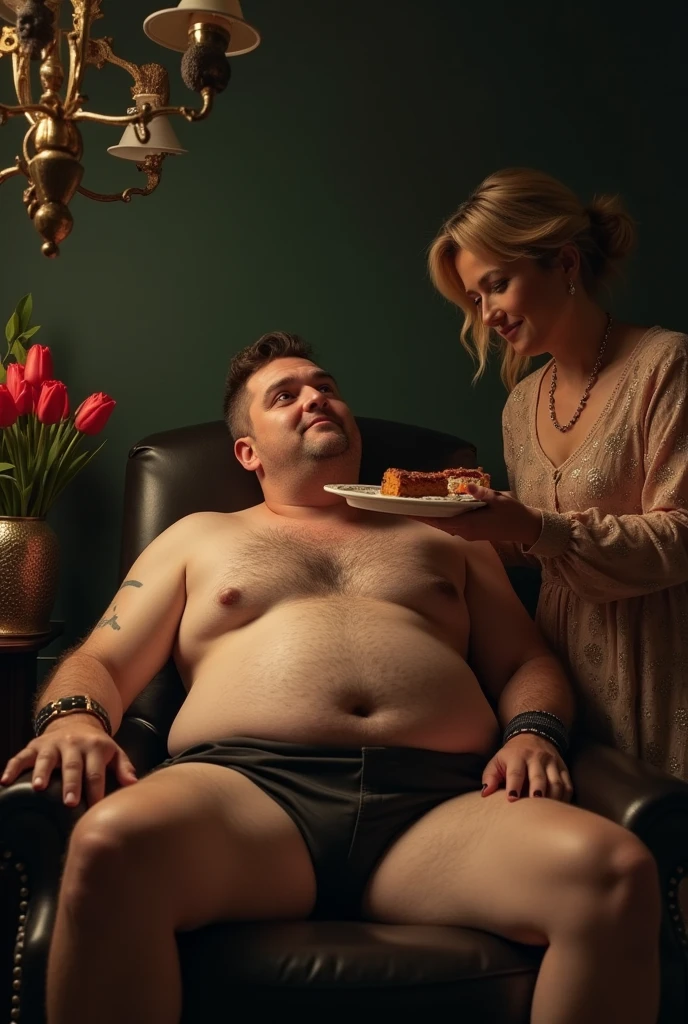 A very dominant woman force-fed her boyfriend until he became fat. The man was tied up and fed until his stomach was soft and big, every roll of fat was clearly visible.and her make him 300 pound