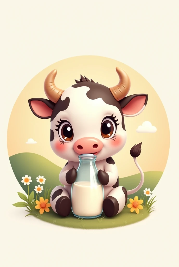cute animated sitting cow with a milk bottle and long eyelashes. The image should be round
