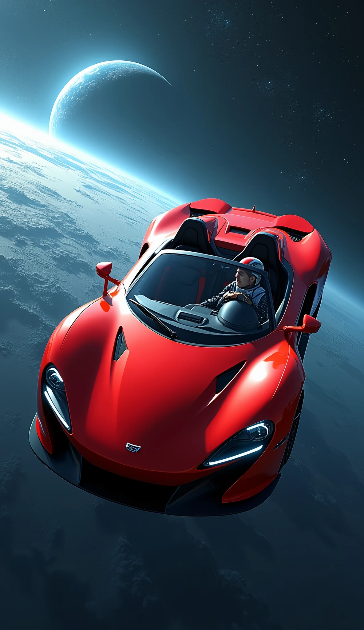 hyperréaliste , masterpiece, vue aérienne d’une super voiture de sport rouge décapotable conduite par un cosmonaute avec une planète bleue au loin en arrière-plan, Dérive dans l’espace, SpaceX, Epic Road - Voyage dans l’espace, la voiture Vole dans le vide de l’espace, Tesla moderne, regarder dans l’espace, voler dans l’espace, Lancement dans l’espace, cosmonaute dans l’espace, voyage dans l’espace