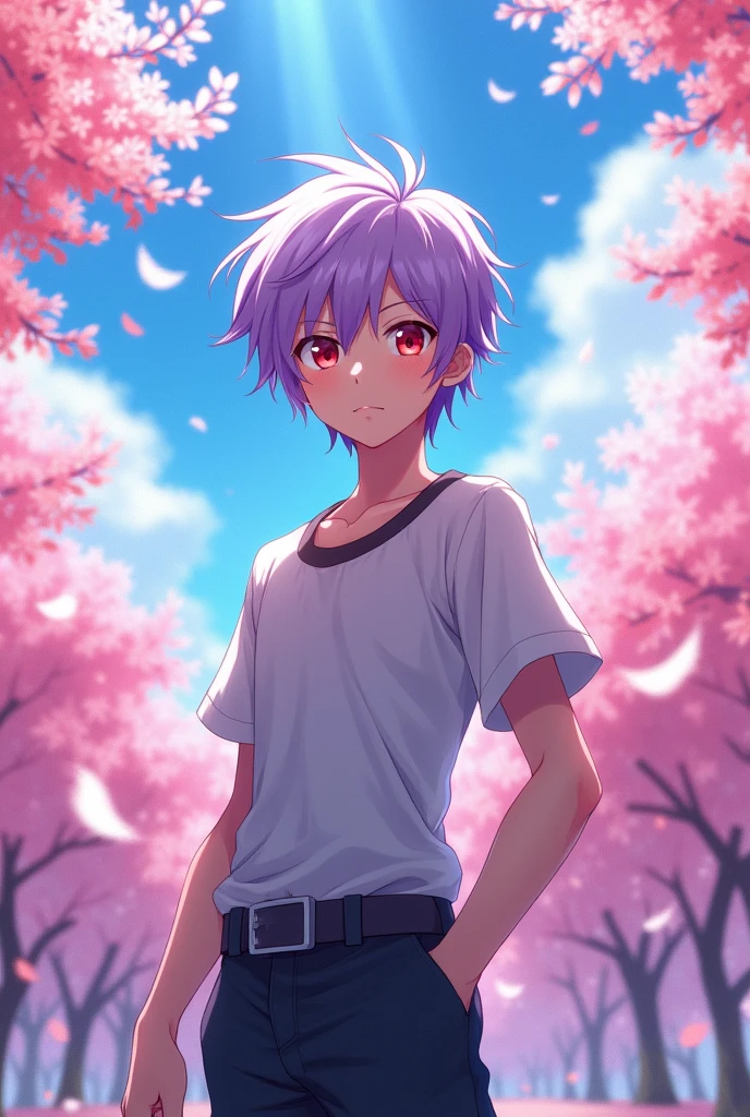 Anime character, male, short light purple hair, red eyes.