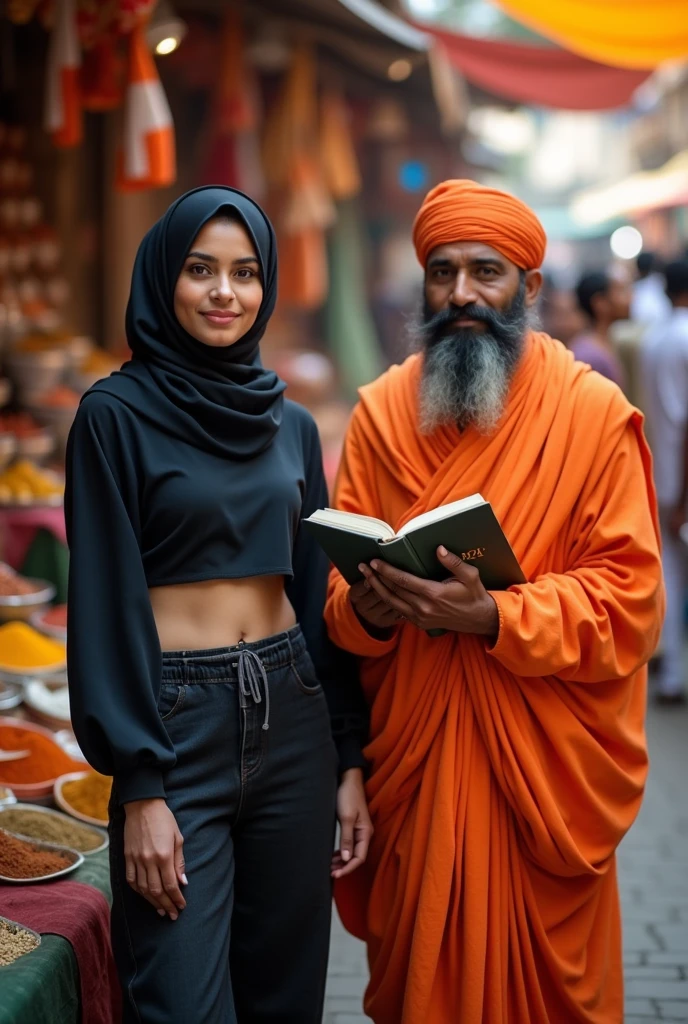 muslim women wearing crop top black hijab, with Hindu pandit 