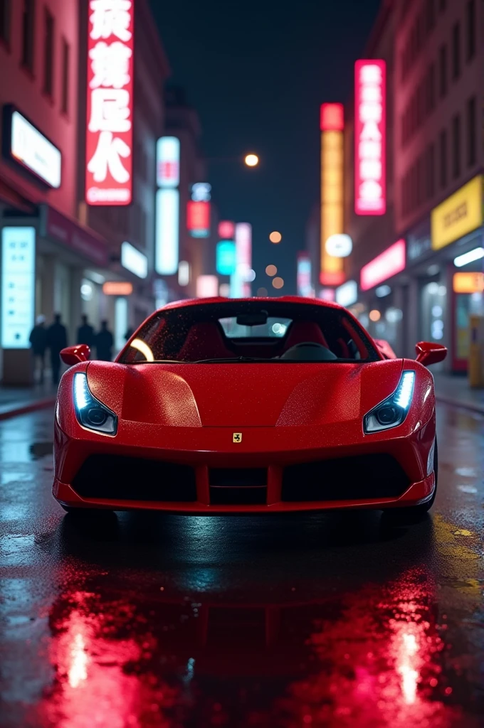 create a hyperrealistic wallpaper image of a red Ferrari on a dark street with neon signs in the background, Wet floor reflecting the car