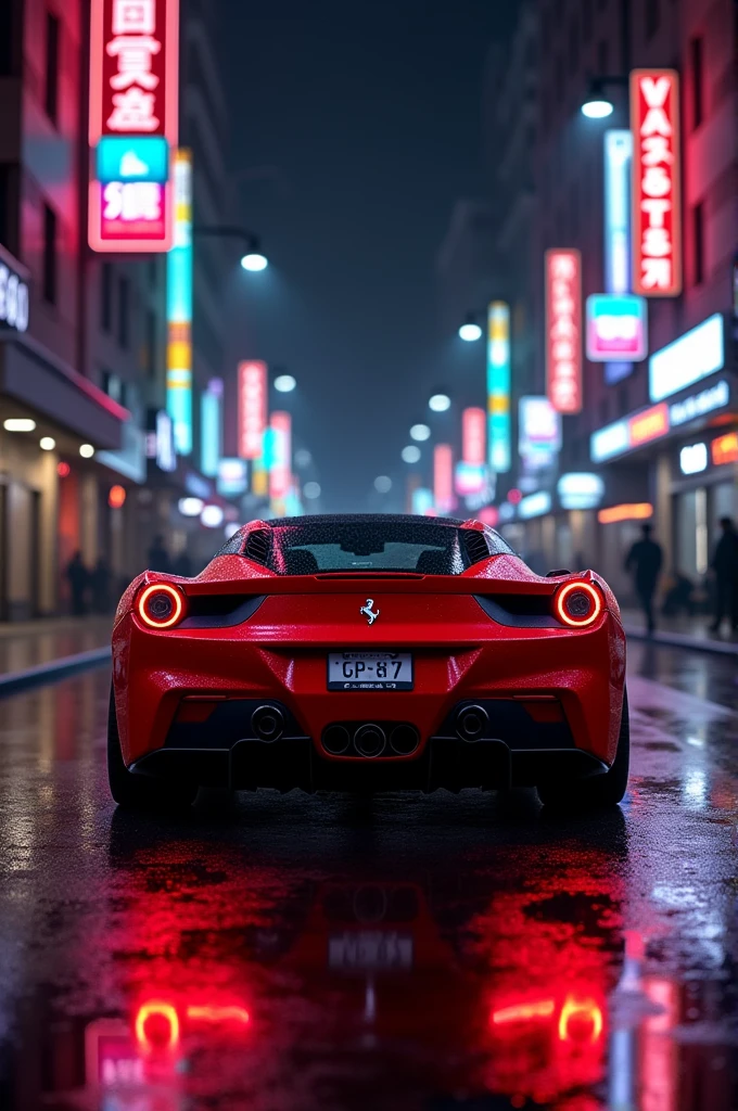 create a hyperrealistic wallpaper image of a red Ferrari on a dark street with neon signs in the background, Wet floor reflecting the car