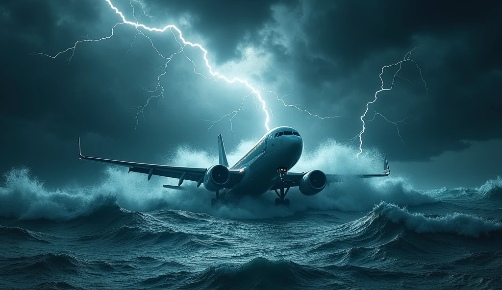 Make a hyper realistic picture of the Bermuda Triangle, where the nature is terrible, lightning in the sky, swirling water, rough seas, a large plane being dragged into the water.