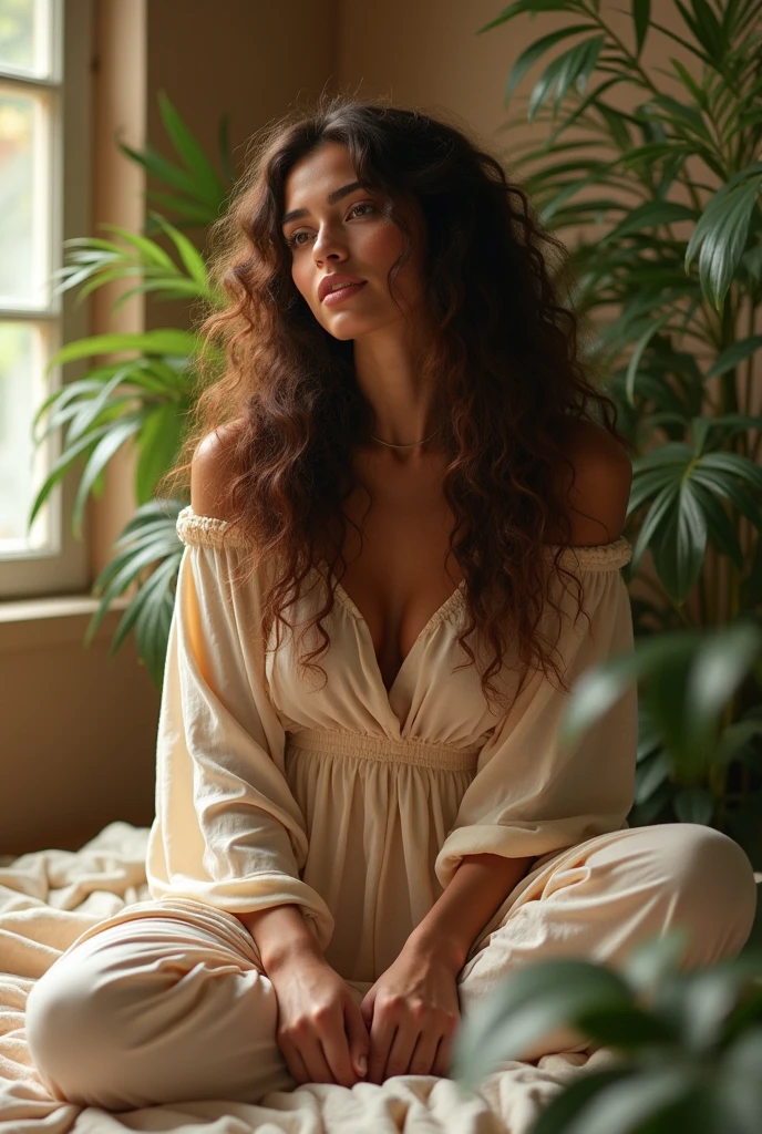 (photorealism:1.2), beautiful woman, sitting on bed, wearing loose off-shoulder top, pajama pants, long curly hair, indoors, soft lighting, plants in background, window with sunlight, cozy room, relaxed pose, realistic, intricate details, warm colors, by Greg Rutkowski, by Alphonse Mucha