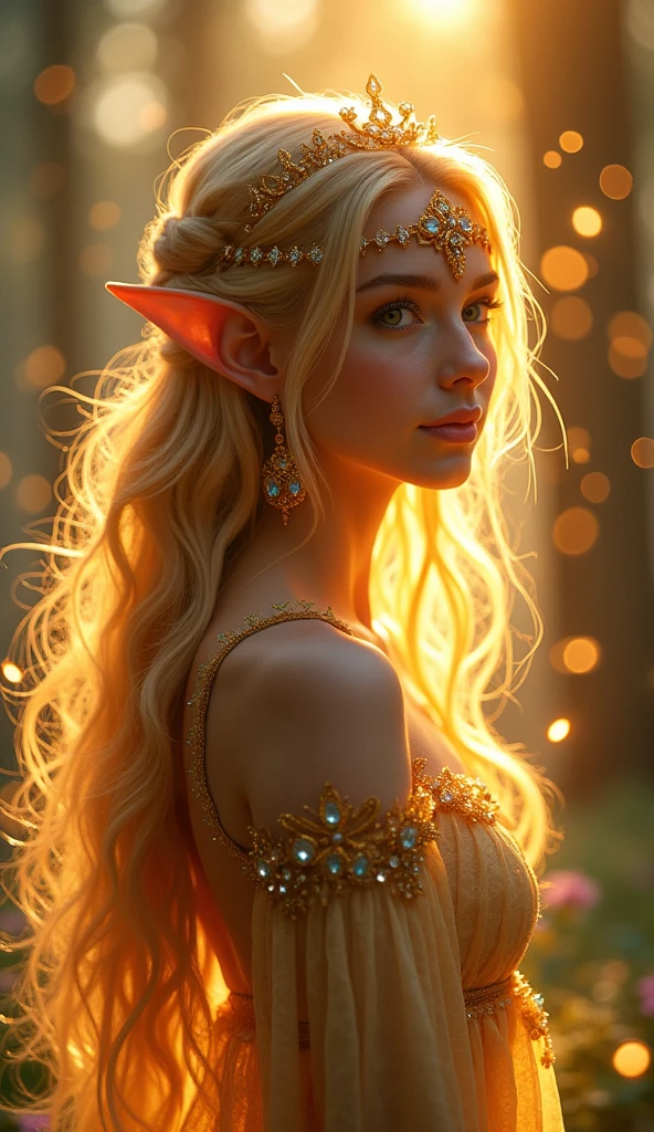 The second image you shared continues the ethereal and magical theme, featuring another enchanting fairy-like character. This figure is bathed in warm, golden light, creating a radiant and almost divine aura around her. Her long, wavy hair glows with the same golden light, adding to the mystical atmosphere. She also has pointed ears, a common trait among fantasy beings, and is adorned with delicate jewelry, including a tiara and earrings, which enhance her regal and otherworldly appearance, rainbow fair sparkles.
