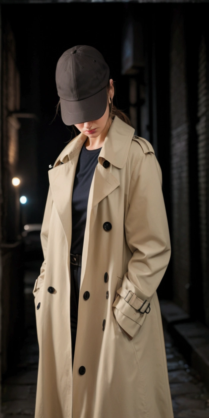 Woman looking down, wearing dark baseball cap, wearing trench coat, dark alley background, night time, moody, bleak colors