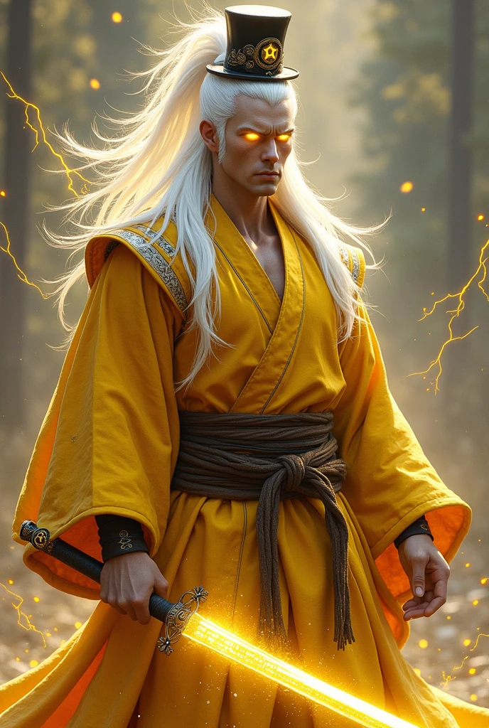 (Best quality ever) A humanoid male character, he is muscular and wears bright yellowish and worn color Japanese fighting training clothes, he wears brown warrior boots, his skin is snow white, he has bright yellow eyes with the illuminati symbol in each eye, he is holding a sword made of bright yellow energy that has illuminati symbols, He has big white hair pointed upwards and wears a mini top hat