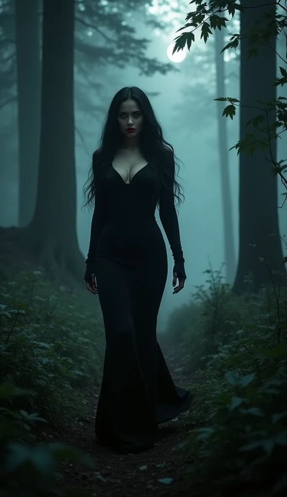 dark lady! beautiful woman in black clothes! {{big boobies}} very big boobs, yellow eyes, Bblack hair, red lipgloss stick! Scenario of a forest