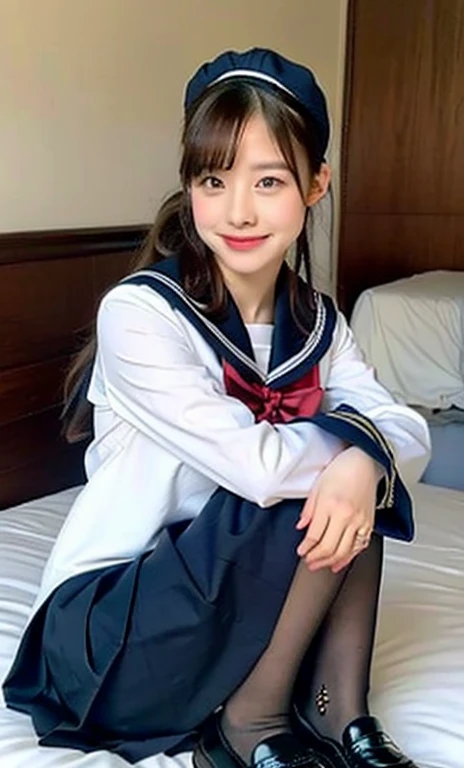 (a cute girl with a ponytail wearing iconic japanese highschool uniform, white shirt with buttons, pleated mini-skirt, red neck collar ribbon, serafuku, ponytail hair, short hair, bob hair with side bangs, sailor hat, sailor uniform, sitting on the bed, hugging her feet, fishnet tights and loafers, with a wet shirt with buttons and a pleated mini-skirt, making a friendly smile, with beautiful detailed eyes, long eyelashes, beautiful detailed lips, dimpled cheeks, and an ample bosom, photo-realistic, ultra-detailed, 8k, high resolution, portrait, illustration, vivid colors, bokeh night background, SFW, Safe_For_Work)