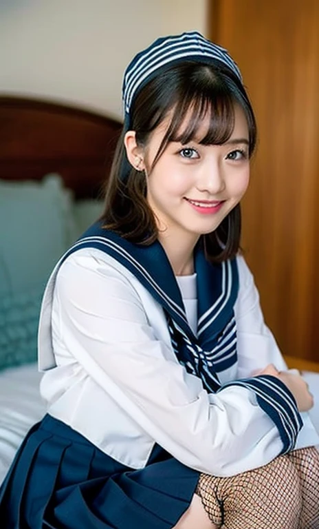 One girl, short hair,Black Hair,smile, summer, locker room,Sitting on a bench,Hold your head high,Junior high school freshman, Look here, Change of clothes,Sailor suit,front,,transparent, (masterpiece, Highest quality), Soft Light, Structure of the film, Like a movie