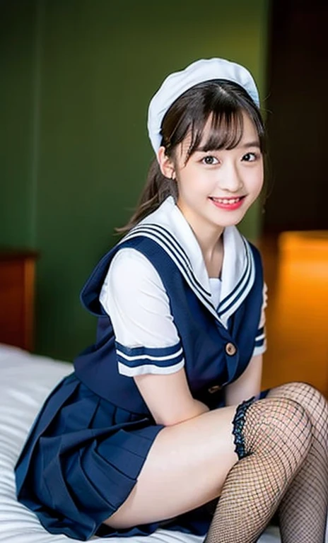 (a cute girl with a ponytail wearing iconic japanese highschool uniform, white shirt with buttons, pleated mini-skirt, red neck collar ribbon, serafuku, ponytail hair, short hair, bob hair with side bangs, sailor hat, sailor uniform, sitting on the bed, hugging her feet, fishnet tights and loafers, with a wet shirt with buttons and a pleated mini-skirt, making a friendly smile, with beautiful detailed eyes, long eyelashes, beautiful detailed lips, dimpled cheeks, and an ample bosom, photo-realistic, ultra-detailed, 8k, high resolution, portrait, illustration, vivid colors, bokeh night background, SFW, Safe_For_Work)