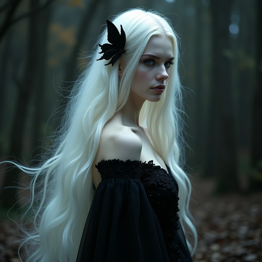"Snow White Witch" with long white hair and beautiful skin. Only her intelligent eyes and black dress.. Her eyelashes are white., long straight hair reached down to her back and was just as white, and also her skin, and in her hair there was a black butterfly hairpin (in the anime her color was changed to jade green). Anyone, Who saw her, were instantly captivated by her stunning beauty, although her appearance also instilled an insurmountable fear in the human soul. Although her spirit in the Dream Palaces was in her late teens, Echidna's slender body looked like this, as if she were twenty years old.