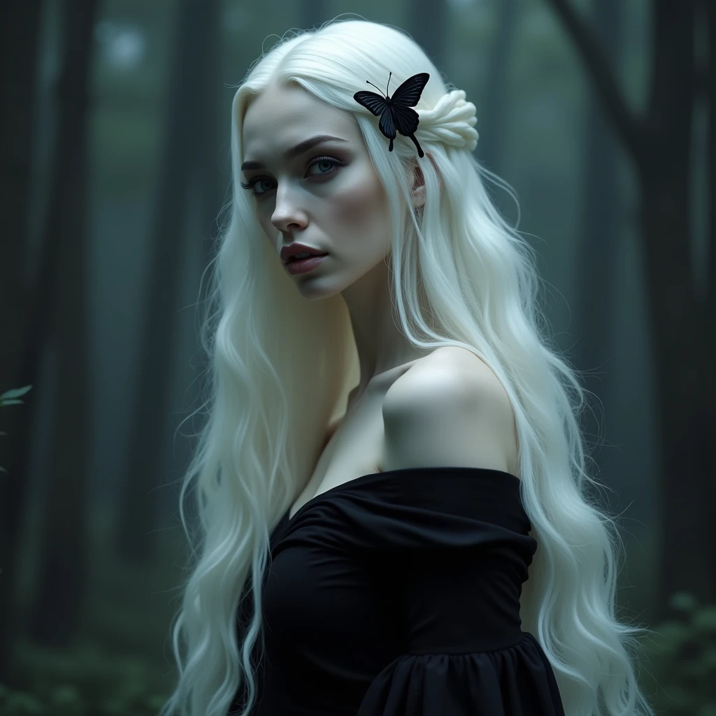 female sexy vampire|albino, pale porcelain skin, sexy vintage black dress, smile, shallow depth of field, grin|creepy, nightfall, detailed face, night, wide hips, narrow waist, portrait of woman standing, detailed eyes, portrait of woman standing, 8k RAW photo, highest quality, looking at the viewer, best shadow, intricate details, long hair, bright eyes, forest, grave, gothic, goth detailed, highres, high qualilty, high saturation