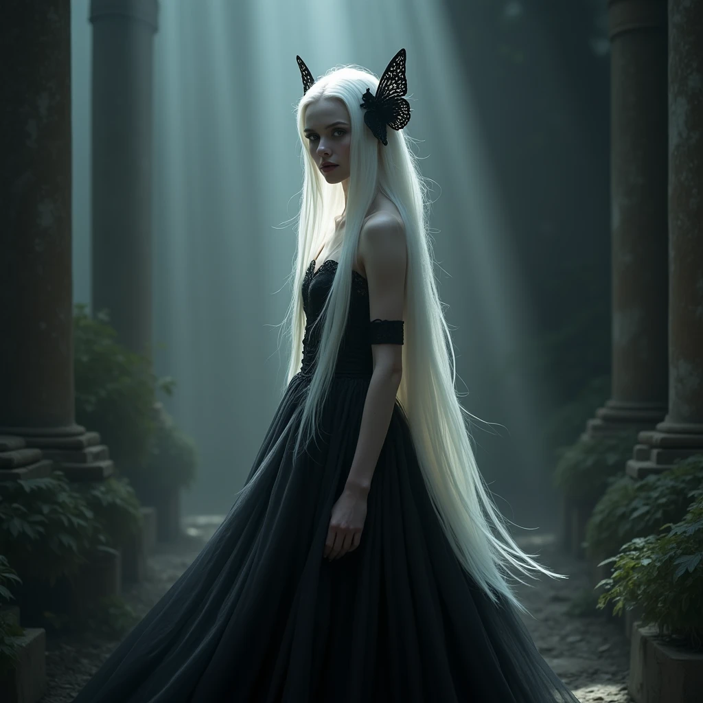 "Snow White Witch" with long white hair and beautiful skin. Only her intelligent eyes and black dress.. Her eyelashes are white., long straight hair reached down to her back and was just as white, and also her skin, and in her hair there was a black butterfly hairpin (in the anime her color was changed to jade green). Anyone, Who saw her, were instantly captivated by her stunning beauty, although her appearance also instilled an insurmountable fear in the human soul. Although her spirit in the Dream Palaces was in her late teens, Echidna's slender body looked like this, as if she were twenty years old.
