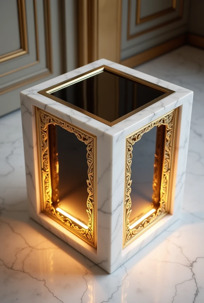 A small square table with four legs made of white marble natural stone. The sides are made of marble, and in the middle of the table there is an empty space filled with blackish transparent glass, surrounded by elegant golden frames.. Inside the table, there is warm gold LED lighting, creating an attractive glow that reflects through the dark glass and gold frames.. The top of the table is covered with blackish clear glass for a modern and luxurious touch, making it an ideal piece for a guest lounge.