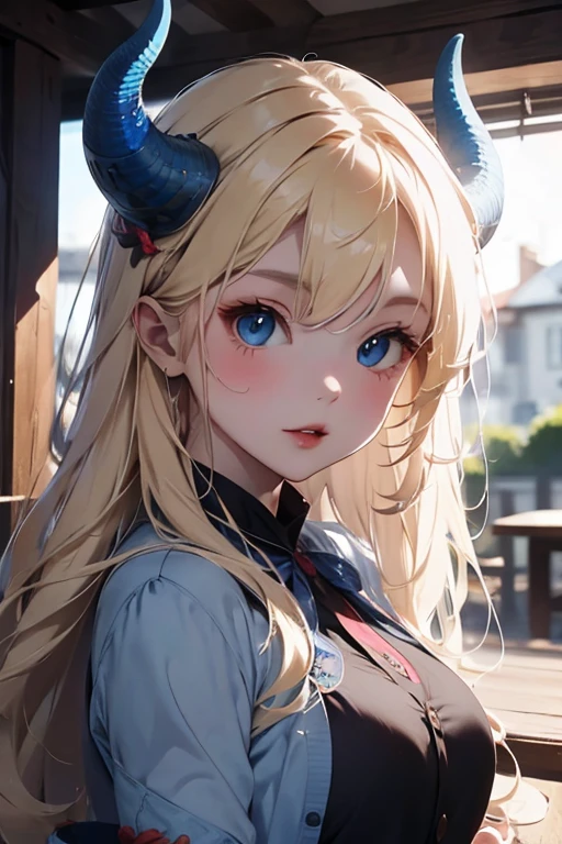 A blue-eyed blonde with long curly hair and blue dragon horns, resembling coral